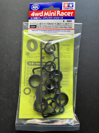 Tamiya Super Hard Small Dia. Narrow Tires (24mm) & Carbon Wheels (3-Spoke for Super X & XX Chassis) - 15541