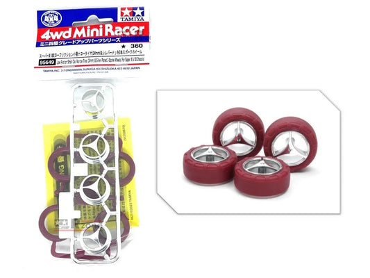 Tamiya Low Friction Small Dia. Narrow Tires (24mm) & Silver Plated 3-Spoke Wheels (For Super X & XX Chassis) - 95649
