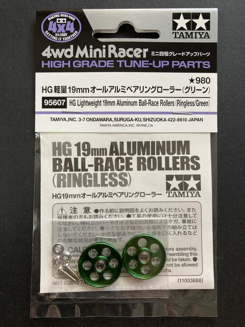 Tamiya HG Lightweight 19mm Aluminum Ball-Race Rollers ( Ringless / Green ) - 95607